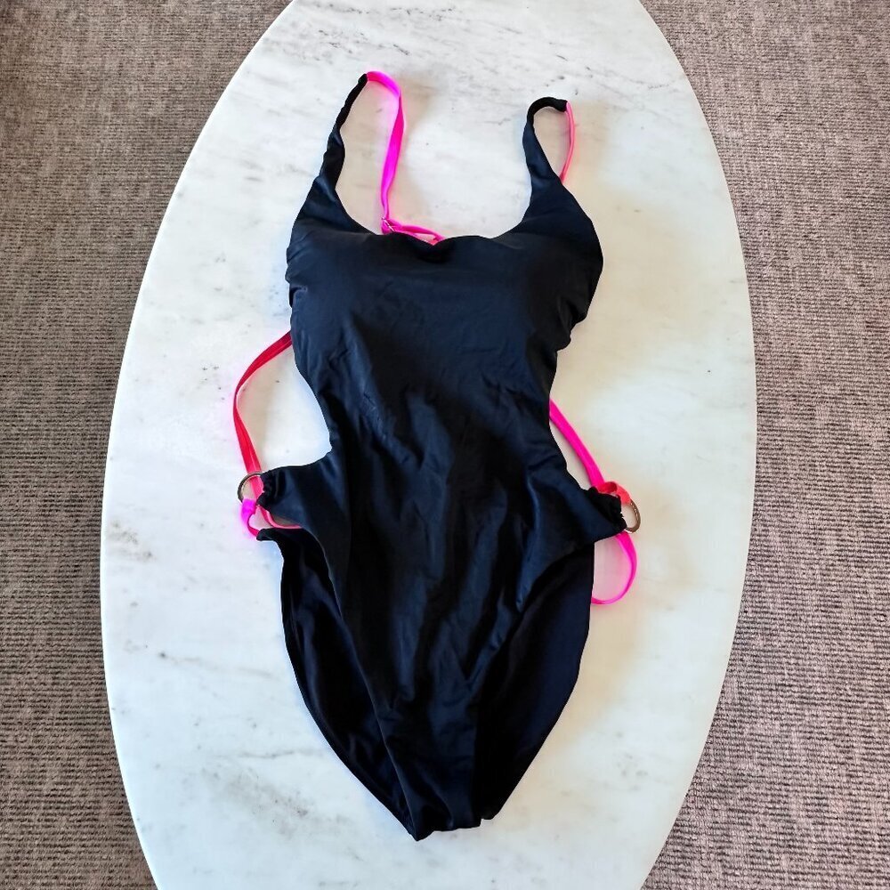 NWT Ashley Graham Sexy Swimsuit All Black and Neon Pink Straps One Piece